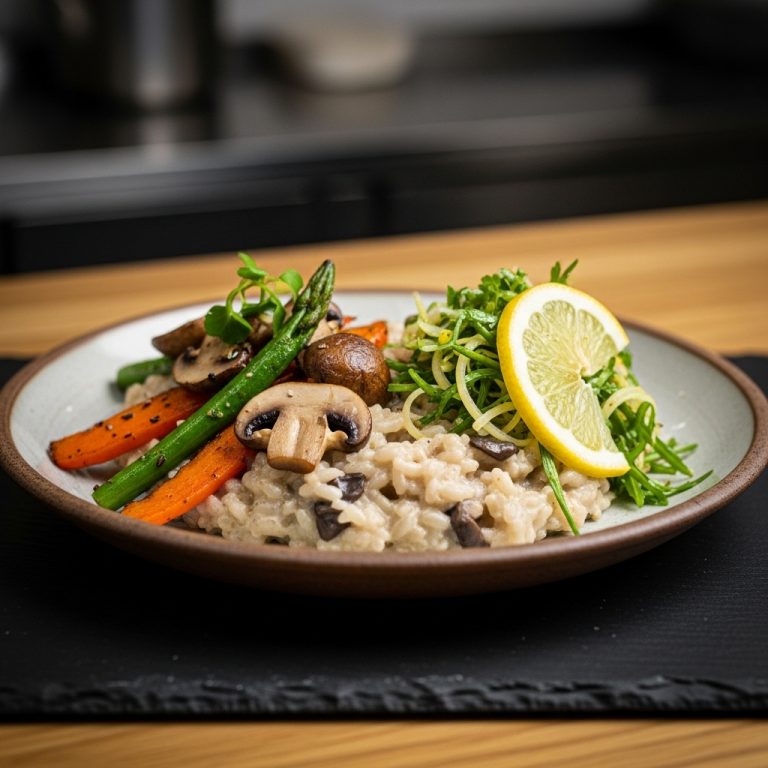 Delightful Vegan New Zealand Lunch: Creamy Mushroom Risotto with Roasted Vegetables & Zesty Lemon Herb Salad