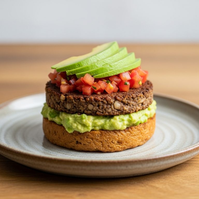 “Delightful Vegan Scottish Brunch: A Fluffy Vegan Haggis Stack with Creamy Mashed Avocado & Tangy Tomato Salsa”