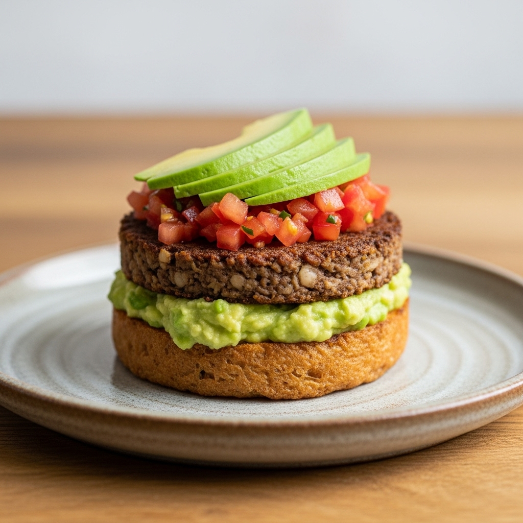 “Delightful Vegan Scottish Brunch: A Fluffy Vegan Haggis Stack with Creamy Mashed Avocado & Tangy Tomato Salsa”