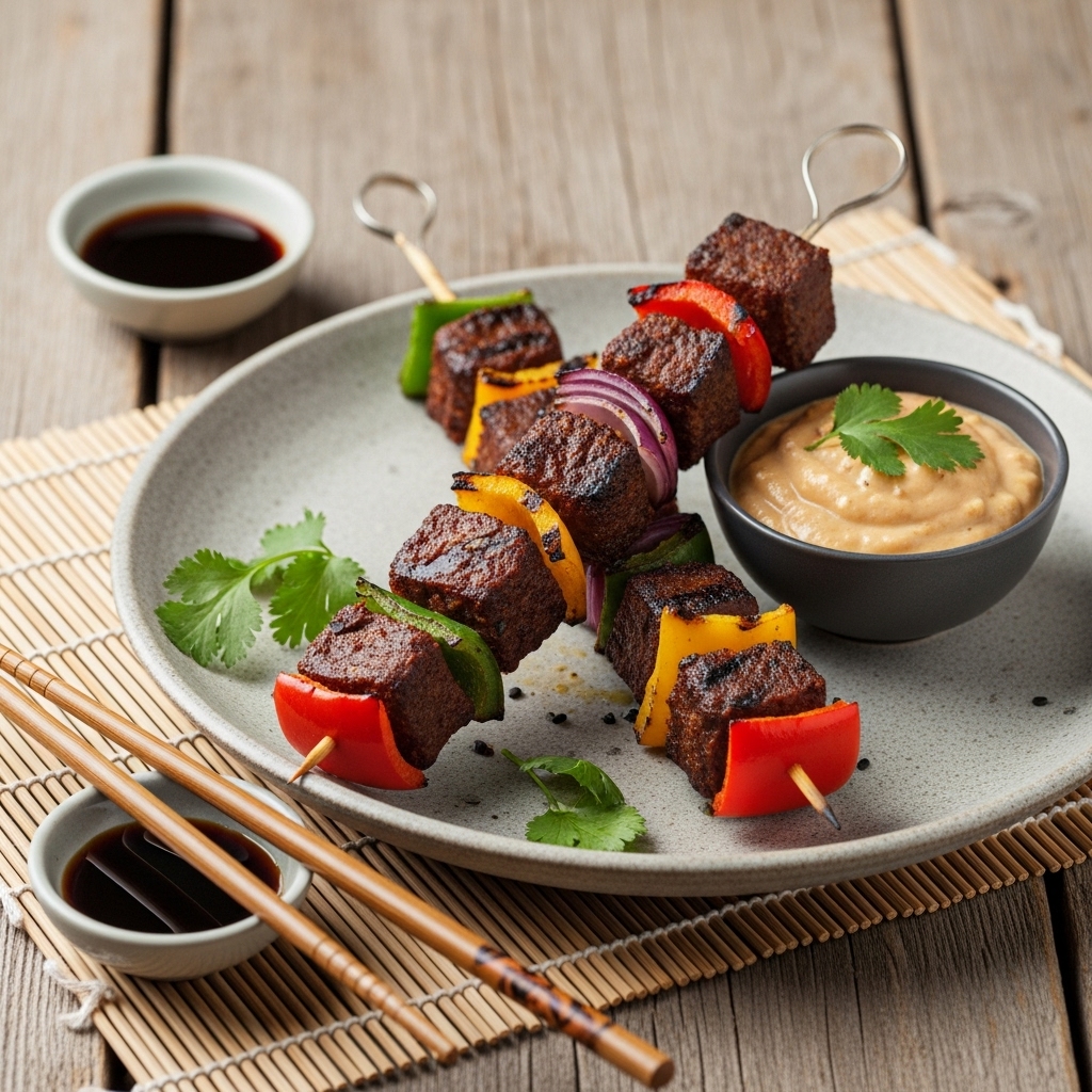 “Delightful Vegan South African Biltong Skewers with Creamy Chutney”