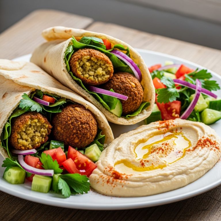 Delightful Vegan Turkish Lunch Feast: Mouthwatering Falafel Pita Wraps with Fresh Salad & Hummus