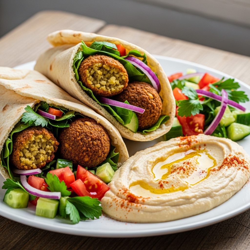 Delightful Vegan Turkish Lunch Feast: Mouthwatering Falafel Pita Wraps with Fresh Salad & Hummus
