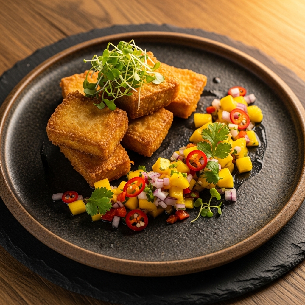 Delightful Vegetarian Cambodian Snack: Crispy Fried Tofu with Spicy Mango Salsa