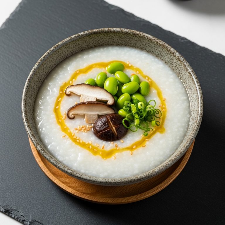 “Delightful Vegetarian Chinese Breakfast Congee with Edamame and Mushrooms”