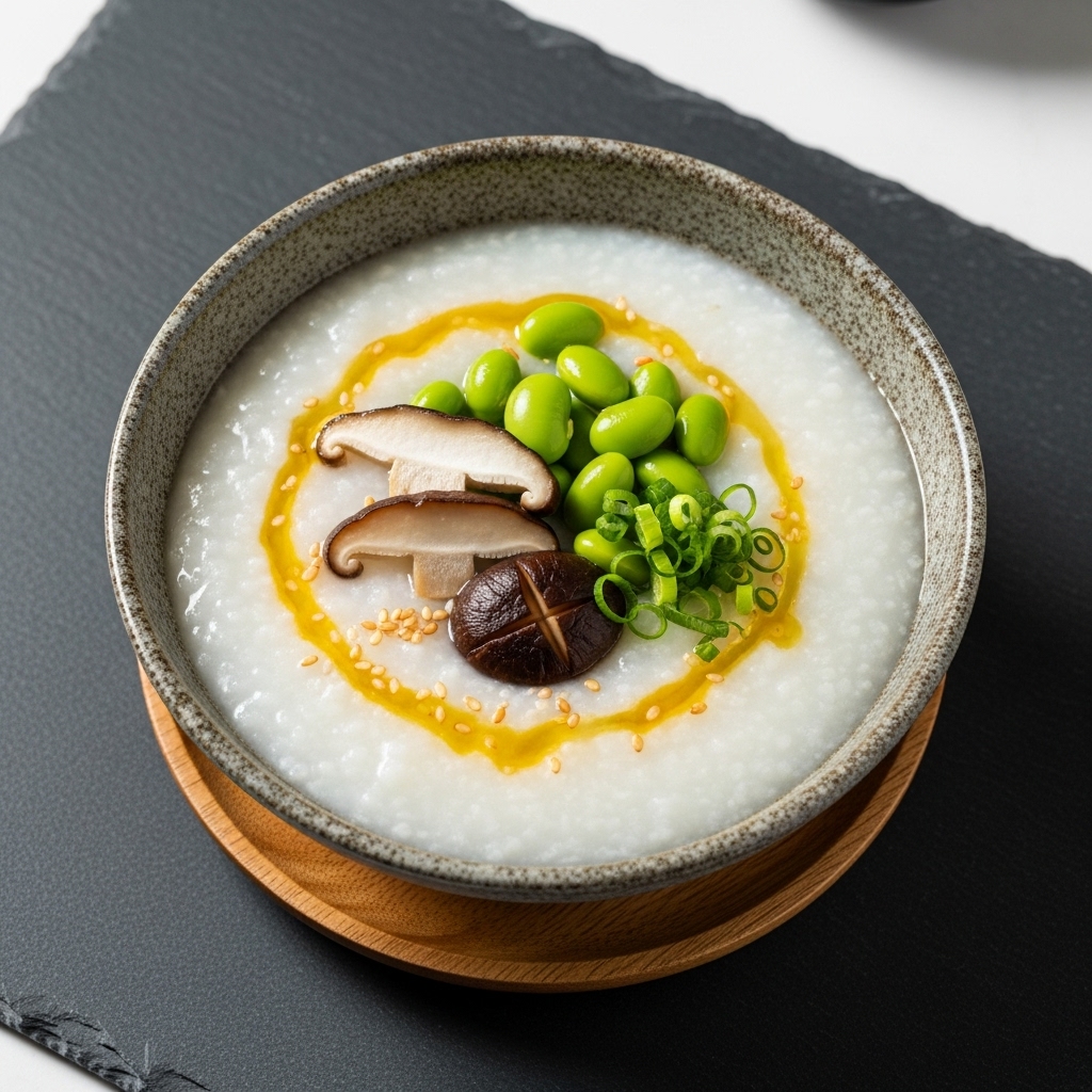 “Delightful Vegetarian Chinese Breakfast Congee with Edamame and Mushrooms”