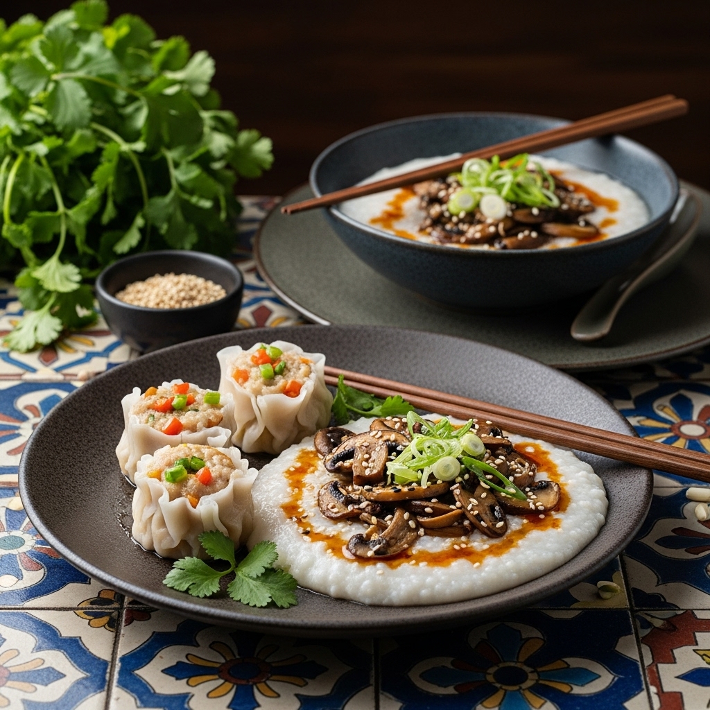 Delightful Veggie Har Gow and Mushroom Congee Brunch for Two
