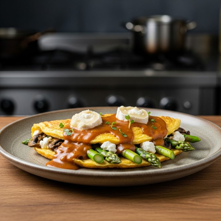 “Delightful Veggie Omelette with Asparagus & Goat Cheese in a Mushroom Sauce – A New Zealand Breakfast Masterpiece for Vegetarians!”