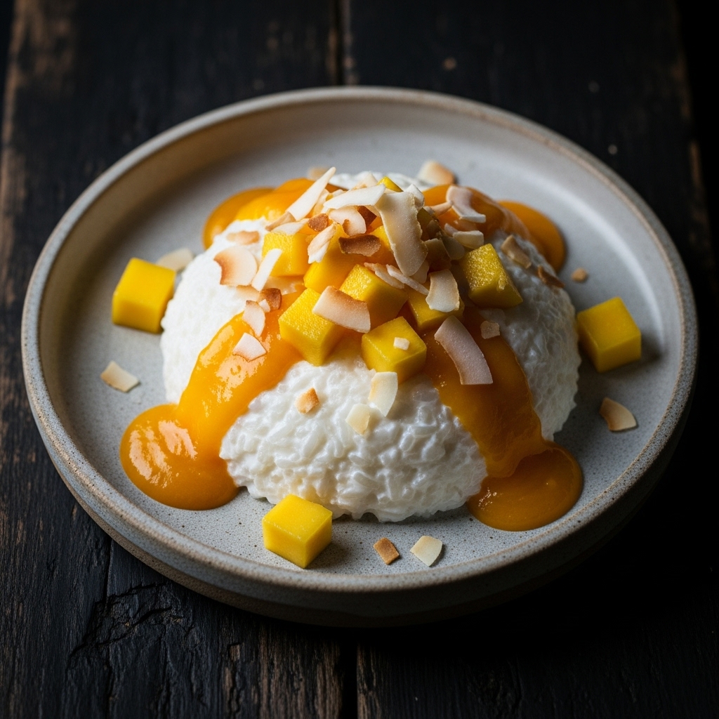 “Delightfully Decadent Paleo-Friendly Coconut Sticky Rice Pudding with Mango Coulis”