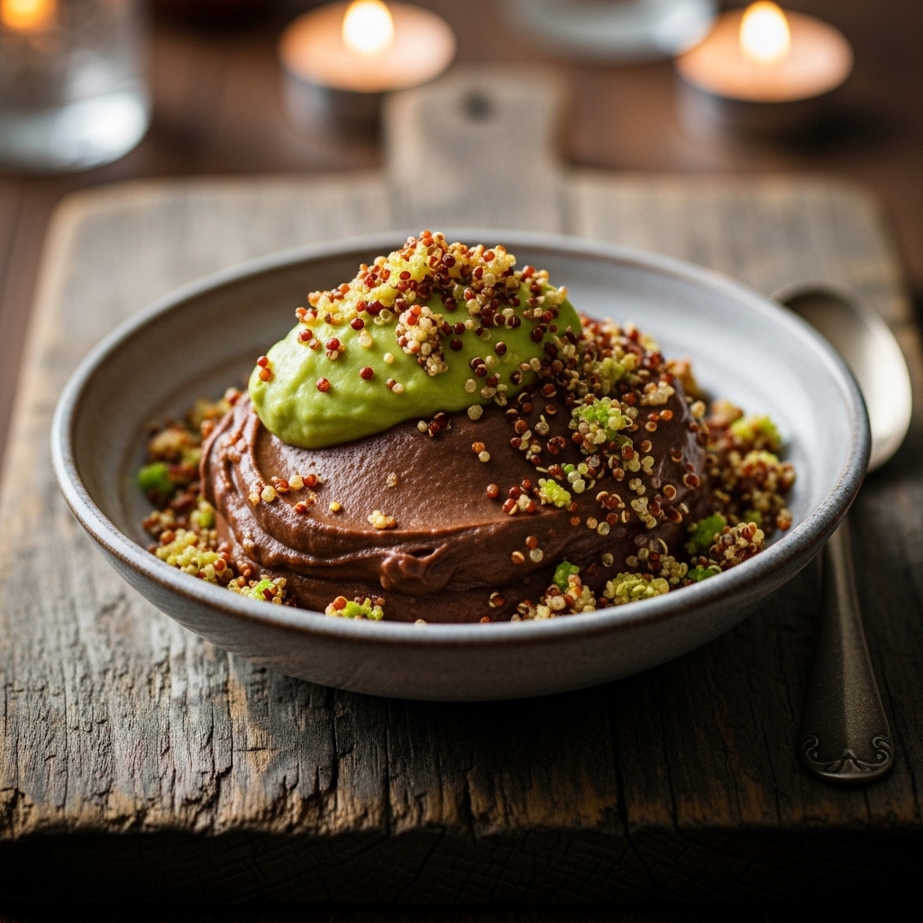 “Divine Vegan Mexican Chocolate Avocado Mousse with Chili-Lime Quinoa Crumble”