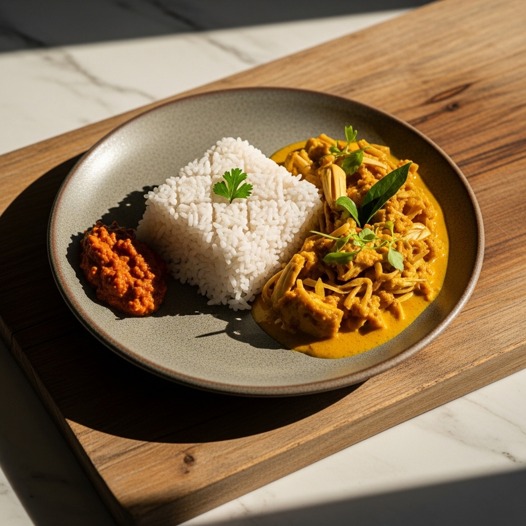 “Divine Vegan Sri Lankan Breakfast: Coconut Milk Rice and Jackfruit Curry Delight”