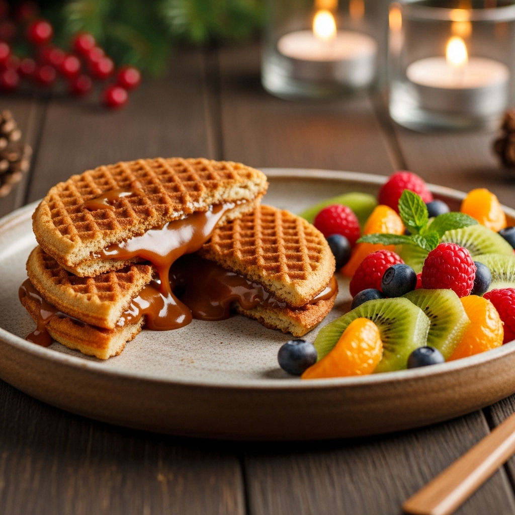Dutch Brunch Delight: Scrumptious Stroopwafel Sandwich with Fresh Fruit Salad