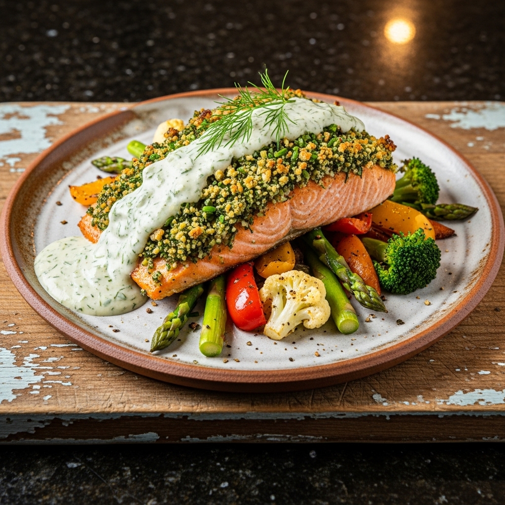 Dutch Keto Herb-Encrusted Salmon with Roasted Vegetables and Creamy Dill Sauce