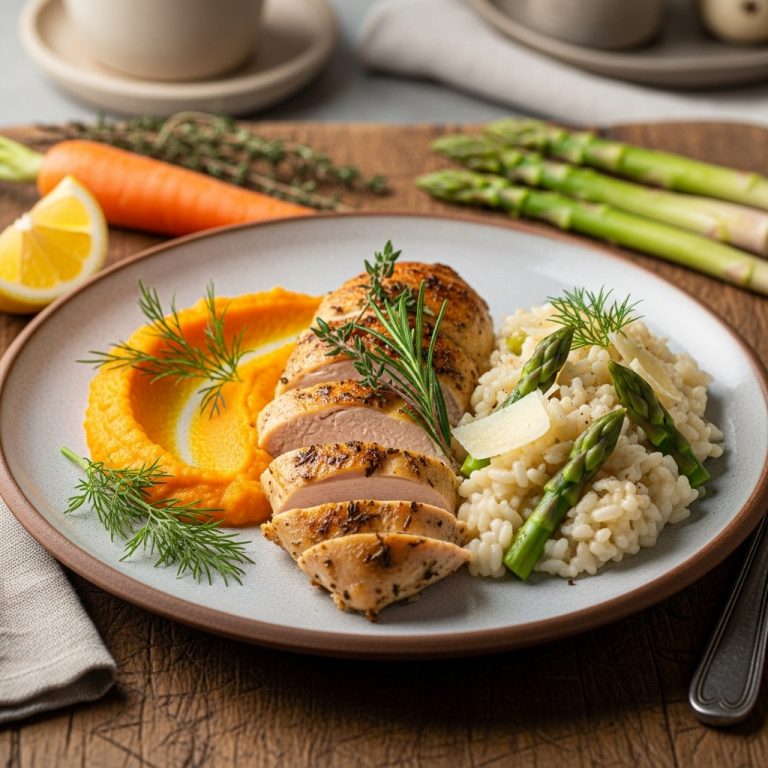 Dutch Lunch: Herb-Roasted Chicken with Carrot Puree and Asparagus Risotto