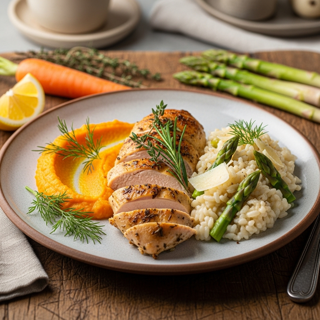 Dutch Lunch: Herb-Roasted Chicken with Carrot Puree and Asparagus Risotto
