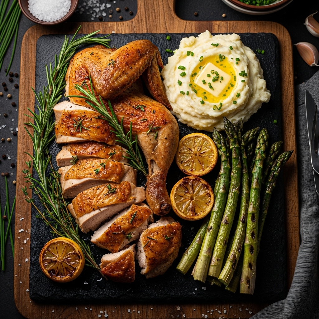 Dutch Oven Herb-Roasted Chicken with Creamy Mashed Potatoes and Grilled Asparagus