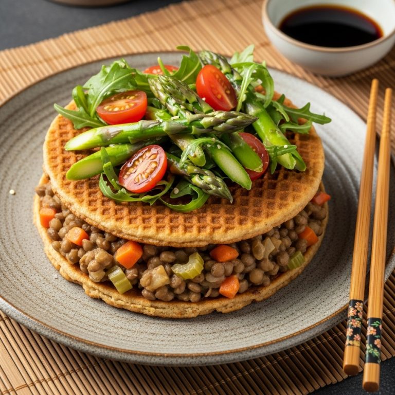 Dutch Vegan Delight: Mushroom Stroopwafel with Creamy Lentil Ragout and Asparagus Salad