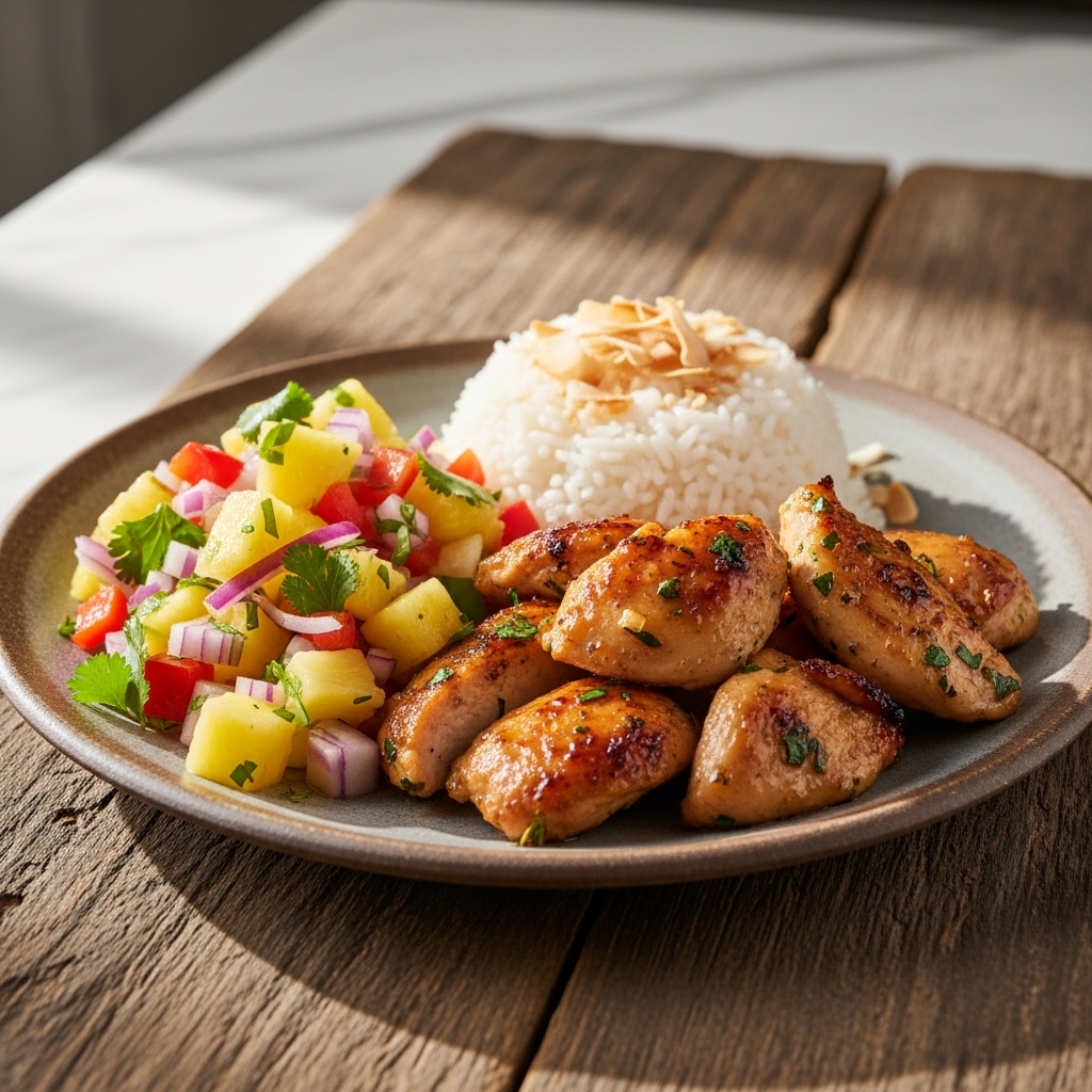 Easy Gluten-Free Hawaiian Luau Feast for 4 – Succulent Island Chicken, Fresh Pineapple Salsa & Coconut Rice
