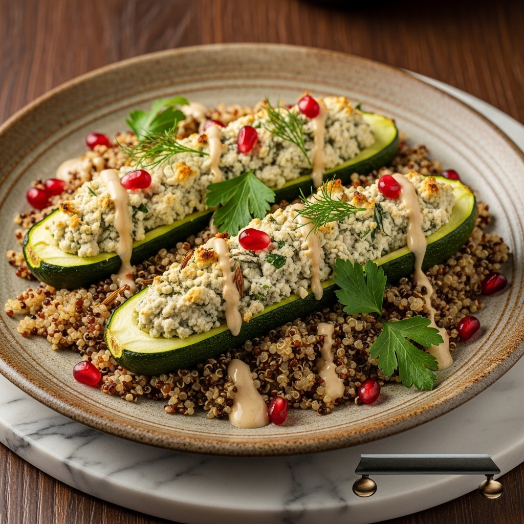“Egyptian Brunch Magic: Vegan Feta Stuffed Zucchini Boats with Spiced Quinoa”