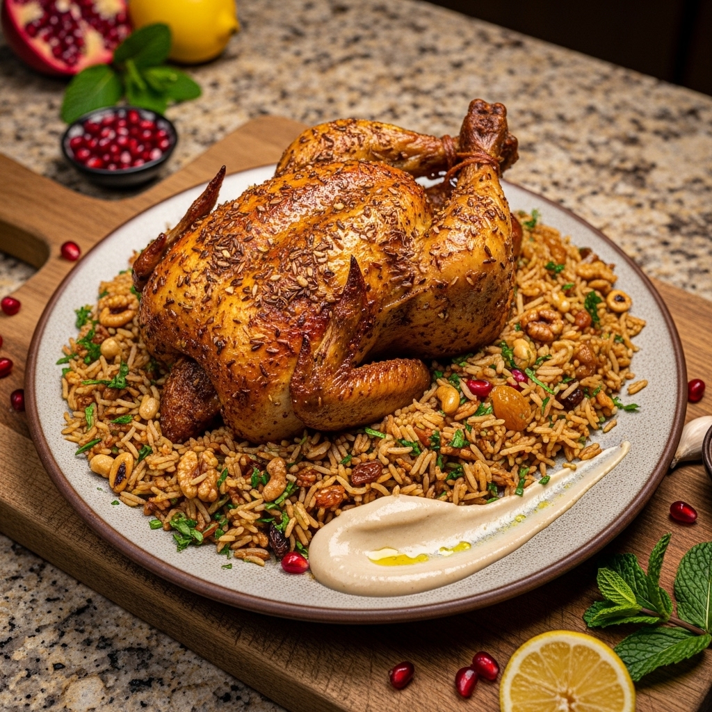 Egyptian Feast: Spiced Roasted Chicken, Rice Pilaf, and Garlic Tahini Sauce
