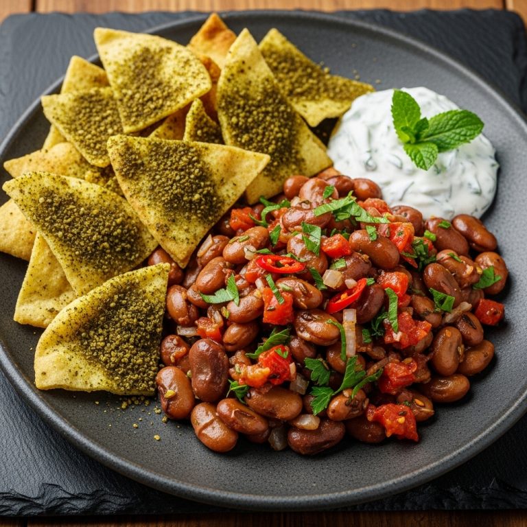 Egyptian Ful Medames with Zatar Pita Chips and Herbed Yogurt Sauce