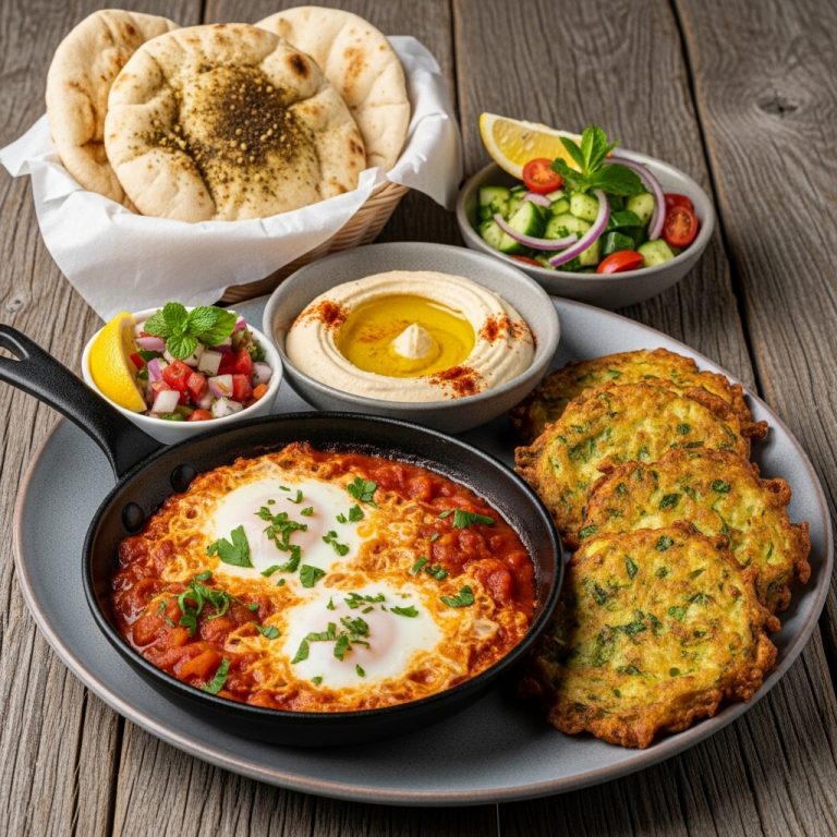 Egyptian Gluten-Free Breakfast Feast: Aromatic Shakshuka and Crispy Zucchini Fritters