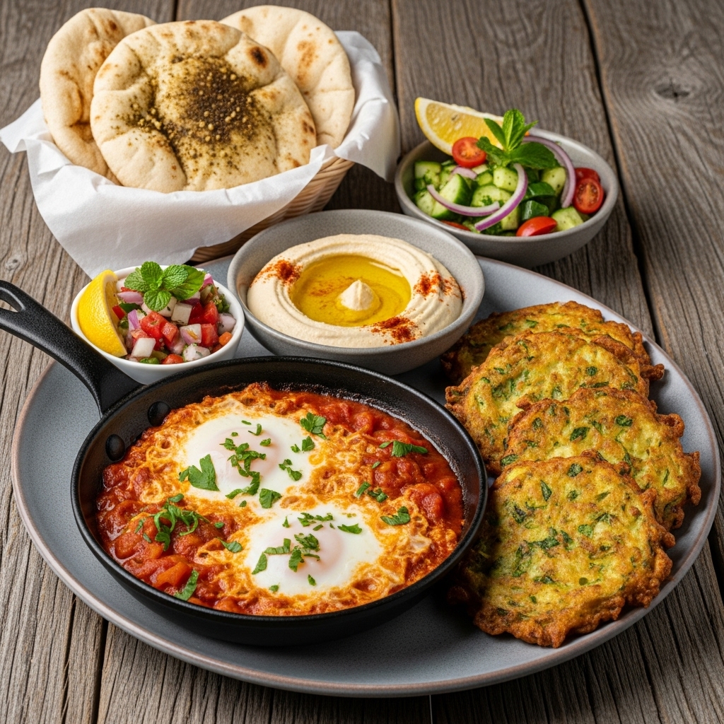 Egyptian Gluten-Free Breakfast Feast: Aromatic Shakshuka and Crispy Zucchini Fritters
