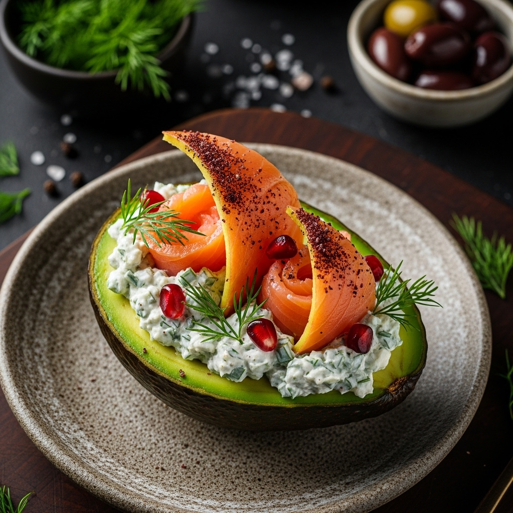 Egyptian Keto Brunch: Pharaoh’s Avocado Boat with Smoked Salmon & Herbed Cream Cheese