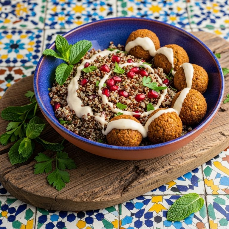 Egyptian Royalty Lunch: Spiced Quinoa & Falafel Bowl with Tahini Dressing