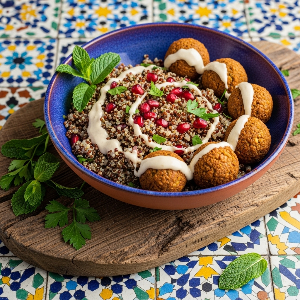 Egyptian Royalty Lunch: Spiced Quinoa & Falafel Bowl with Tahini Dressing
