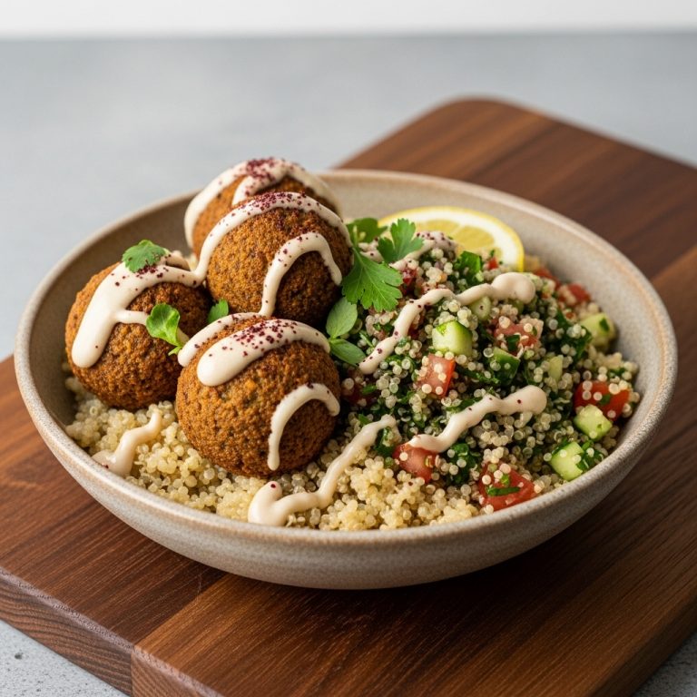Egyptian Vegan Falafel Bowl with Creamy Tahini Dressing & Quinoa Tabouleh
