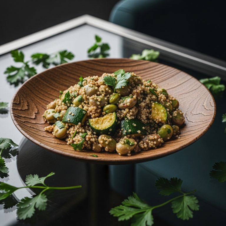 “Egyptian Vegan Fava Bean and Zucchini Medley with Tahini-Infused Quinoa”