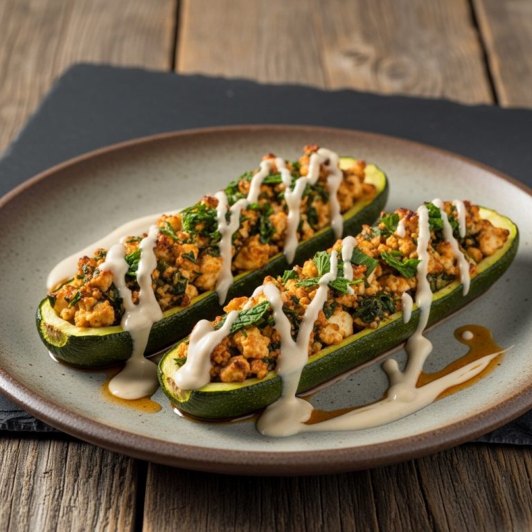Egyptian Vegetarian Feta Stuffed Zucchini Boats with Tahini Sauce
