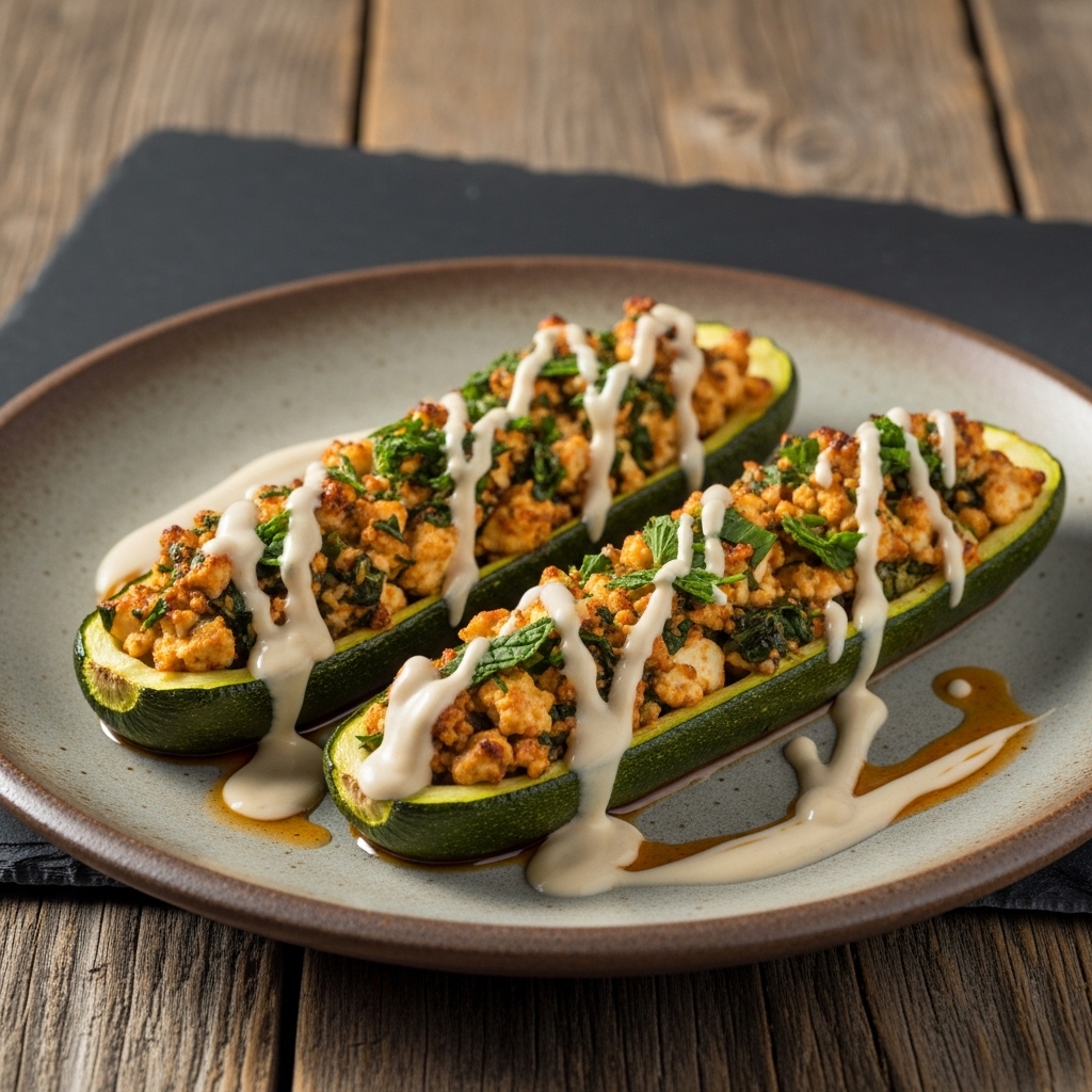 Egyptian Vegetarian Feta Stuffed Zucchini Boats with Tahini Sauce
