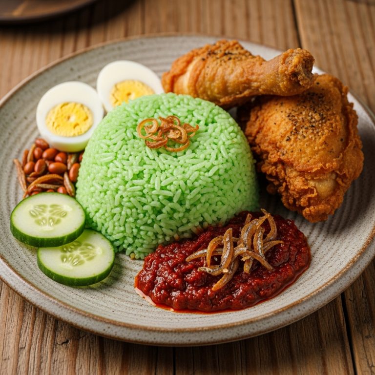 Electric Green Nasi Lemak with Crispy Chicken and Sambal Ikan Bilis