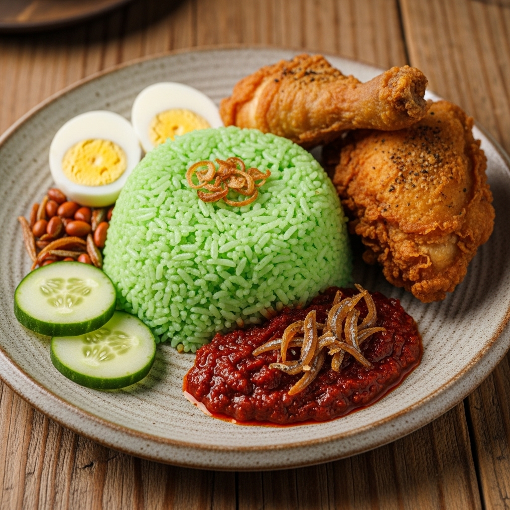Electric Green Nasi Lemak with Crispy Chicken and Sambal Ikan Bilis