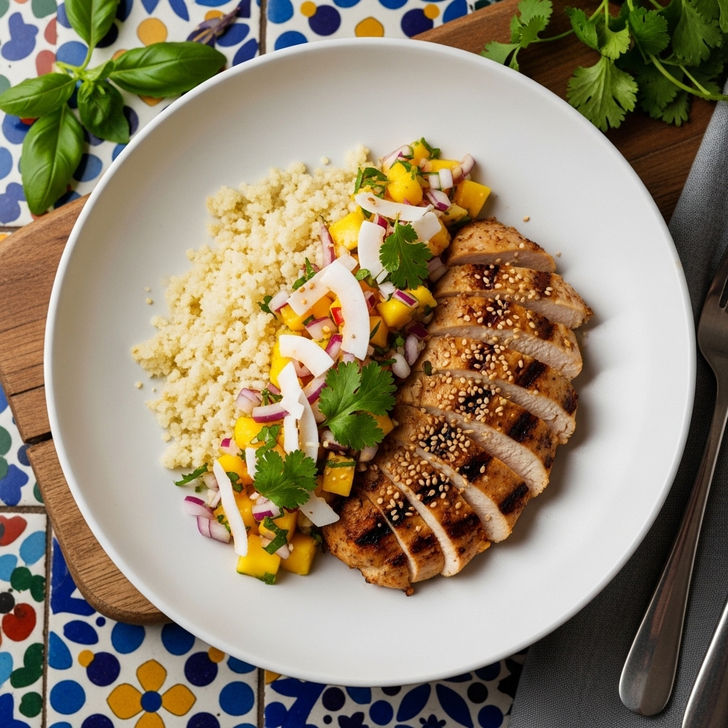 “Elegant Cambodian Paleo Breakfast – Khmer Rice Bowl with Grilled Chicken and Coconut Mango Salsa”