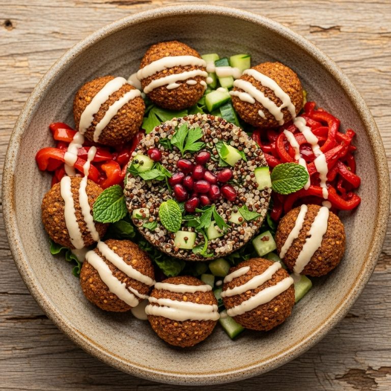 “Elegant Egyptian Vegan Brunch: Sumptuous Falafel & Quinoa Bowl with Tahini Dressing”