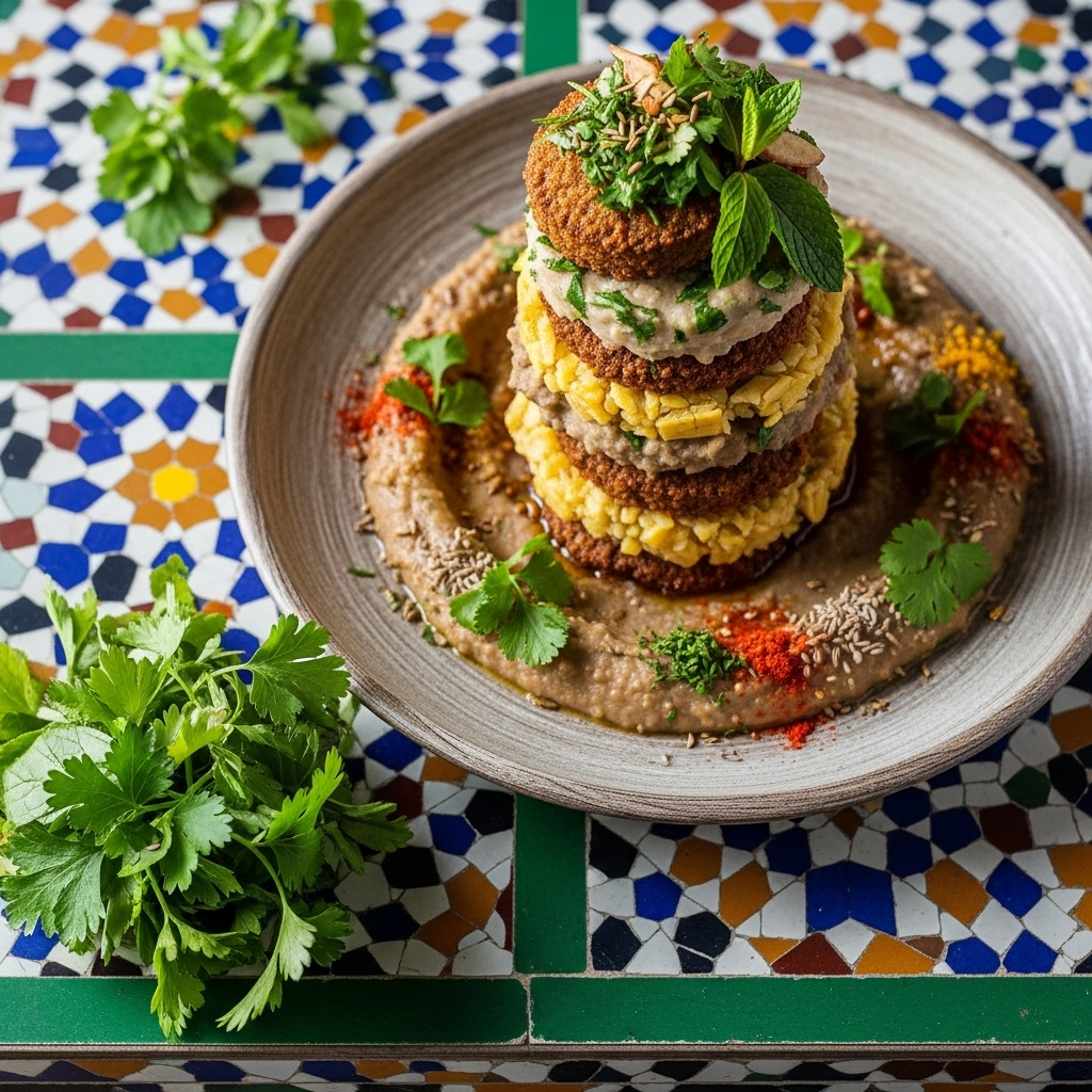Elegant Egyptian Vegetarian Brunch Feast: Falafel & Ful Medames Tower with Fresh Herbs & Spices