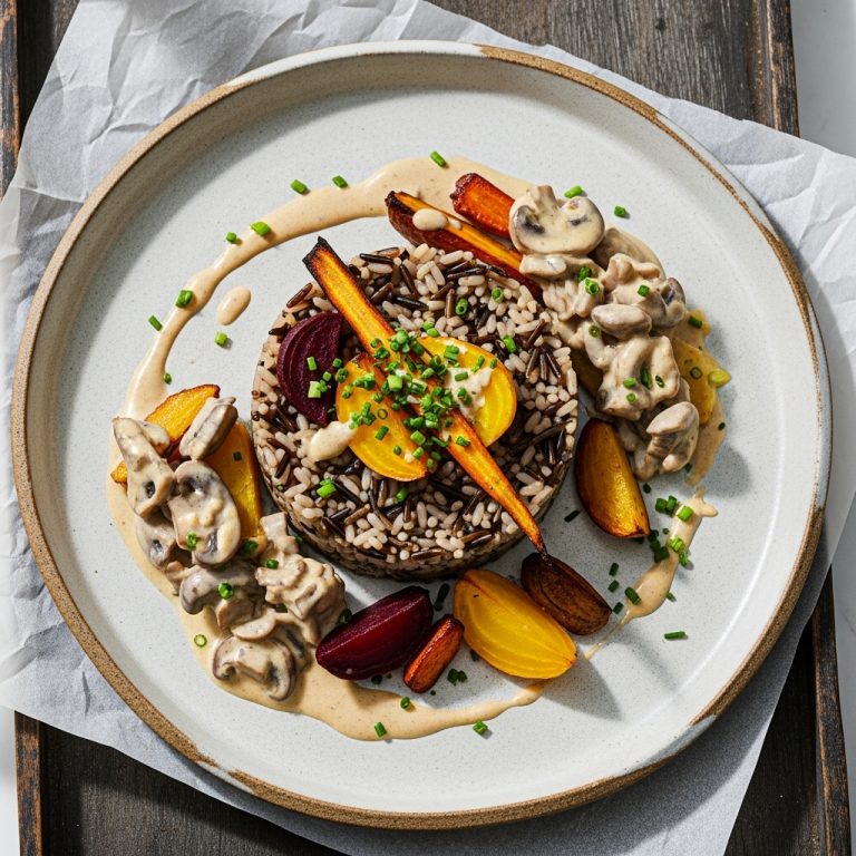 “Elegant German Vegetarian 5-Star Dinner: Wild Rice Pilaf with Roasted Root Vegetables and Creamy Mushroom Sauce”