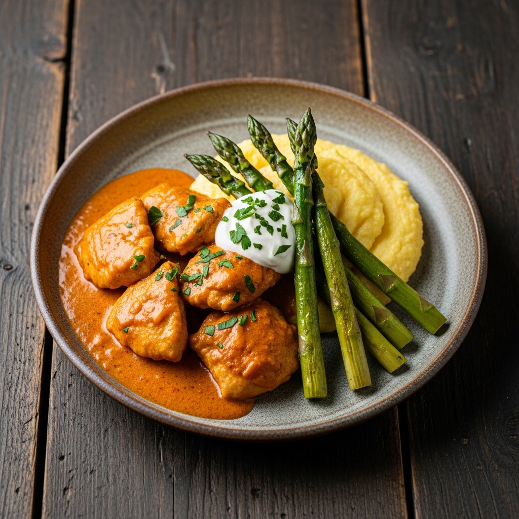 Elegant Gluten-Free Hungarian Chicken Paprikash with Creamy Polenta & Roasted Asparagus