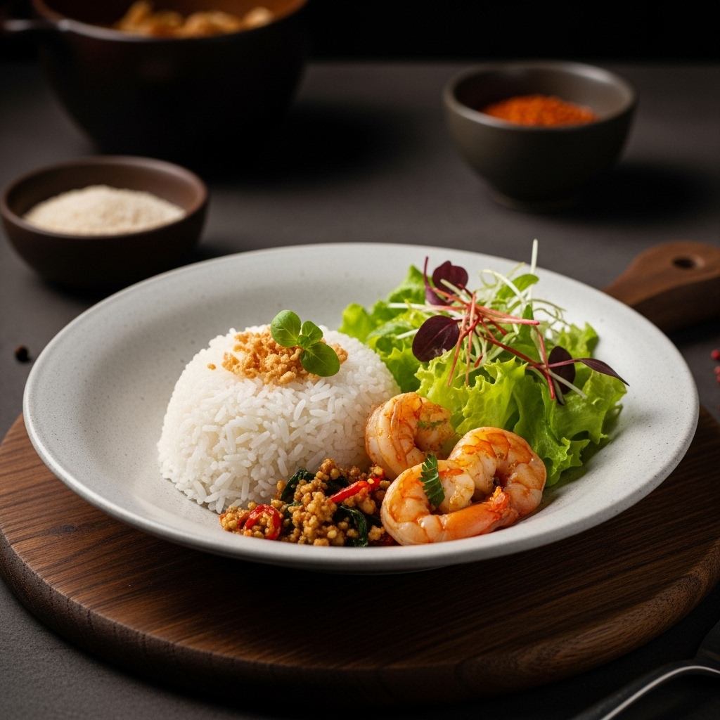 “Elegant Gluten-Free Thai Breakfast Delight: Fragrant Coconut Rice Bowls with Spicy Shrimp and Crispy Salad”