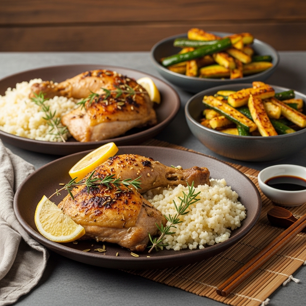 Elegant Greek Dinner: Paleo Roasted Lemon Herb Chicken with Cauliflower Rice & Spicy Zucchini Fries