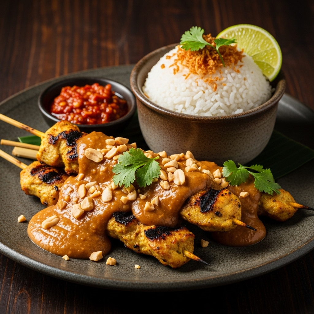 Elegant Indonesian Dinner: Spicy Chicken Satay with Peanut Sauce and Coconut Rice Bowl