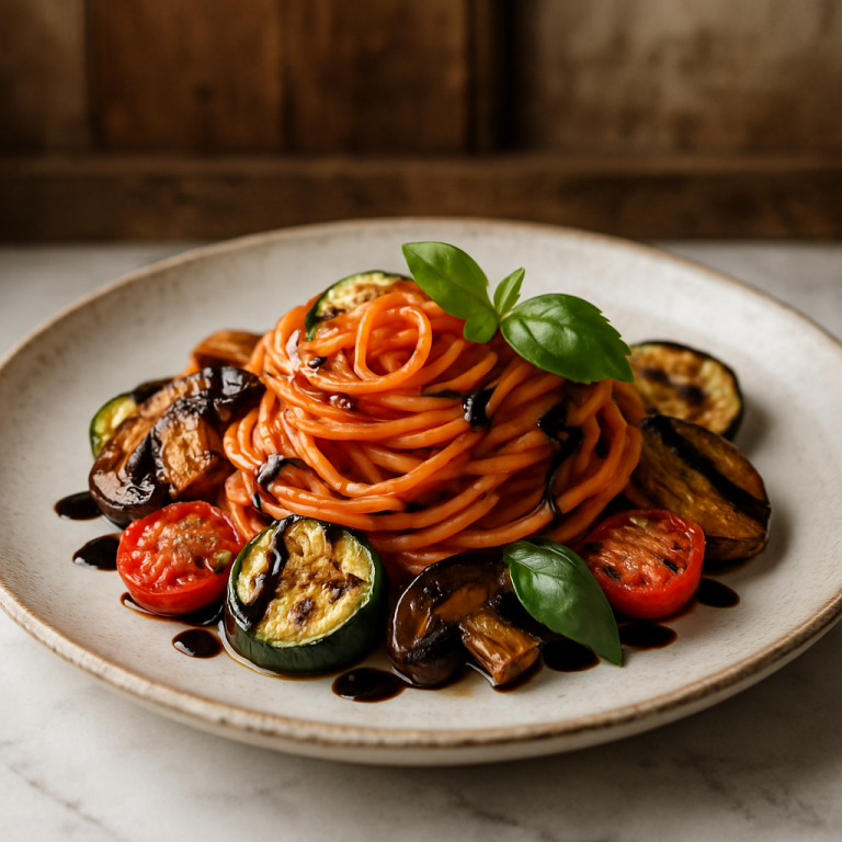 Elegant Italian Tomato Basil Pasta with Grilled Vegetables and Balsamic Glaze