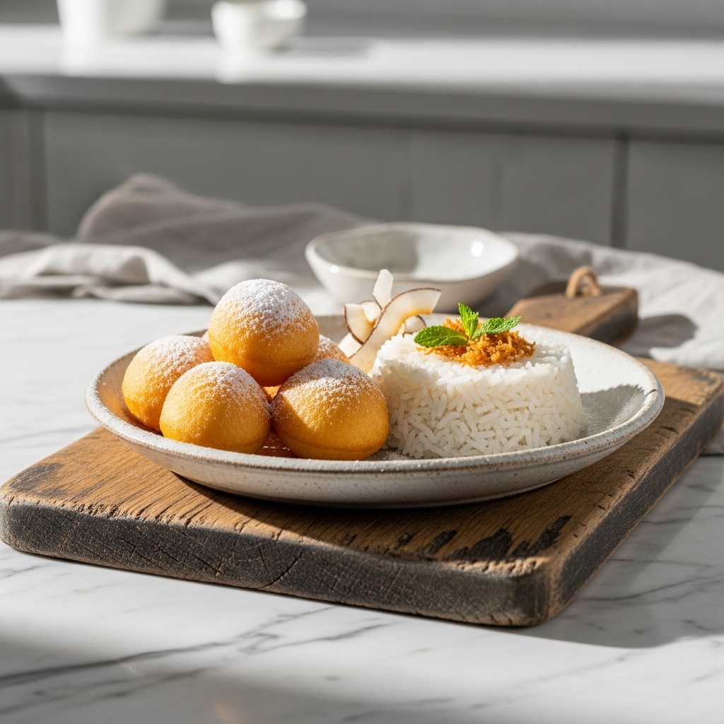 “Elegant Nigerian Brunch: Puff Puff & Coconut Milk Rice Delight”