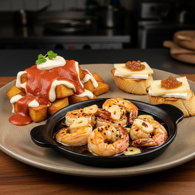 “Elegant Spanish Tapas Platter with Patatas Bravas, Gambas Al Ajillo, and Manchego Crostini”