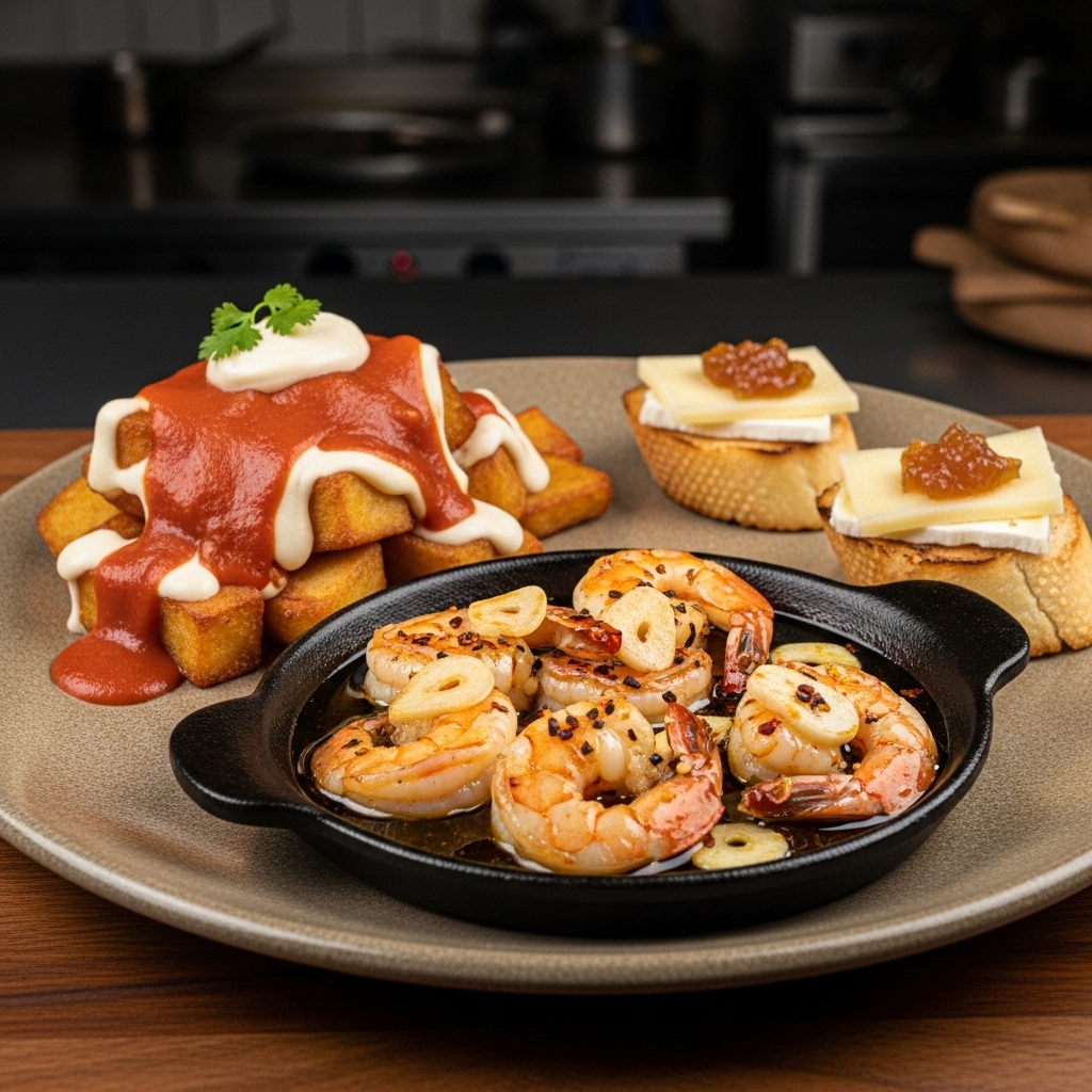 “Elegant Spanish Tapas Platter with Patatas Bravas, Gambas Al Ajillo, and Manchego Crostini”