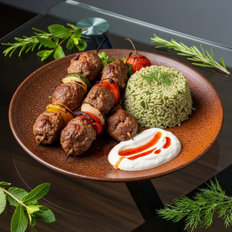“Elegant Turkish Lunch: Aromatic Lamb Kebabs & Fresh Herbed Rice”