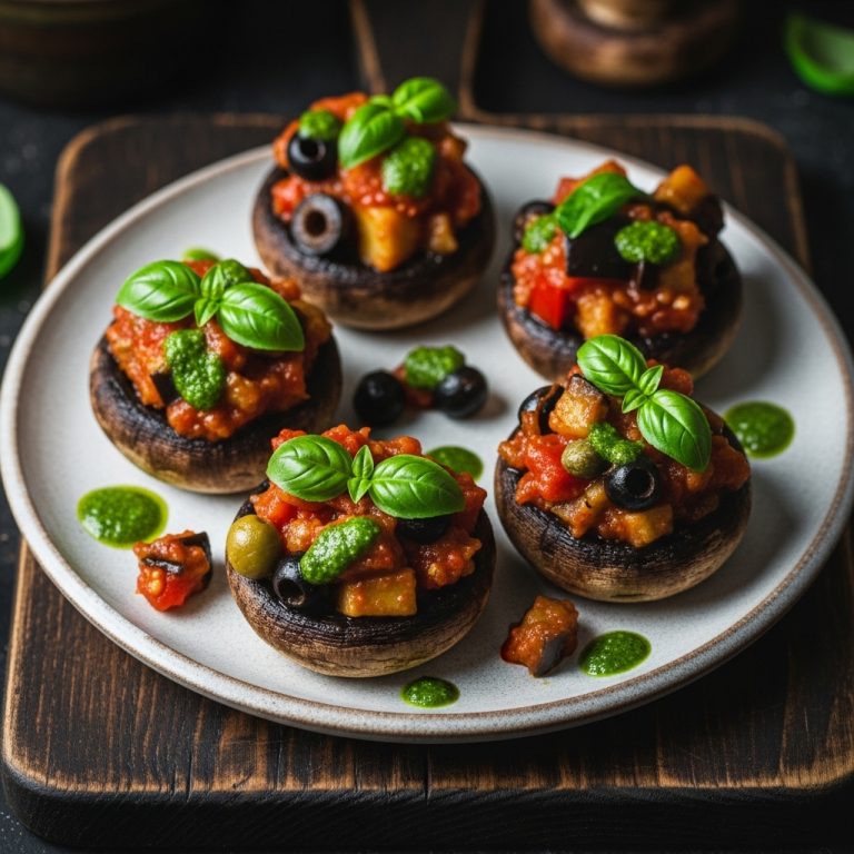 Elegant Vegan Italian Brunch: Mouthwatering Caponata Stuffed Portobello Mushrooms with Fresh Basil Pesto Drizzle