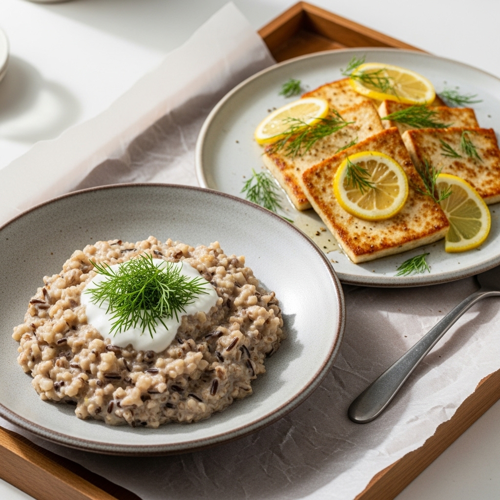 Elegant Vegan Nordic Feast: Creamy Wild Rice Porridge & Delightful Lemon Dill Tofu